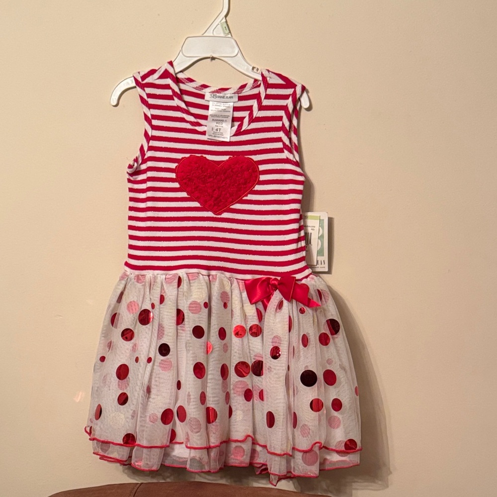 Bonnie Jean Red and White Striped Dress with Heart and Polka Dots